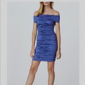 Nicole Miller Off-Shoulder Draped Ruched Dress in Navy Blue